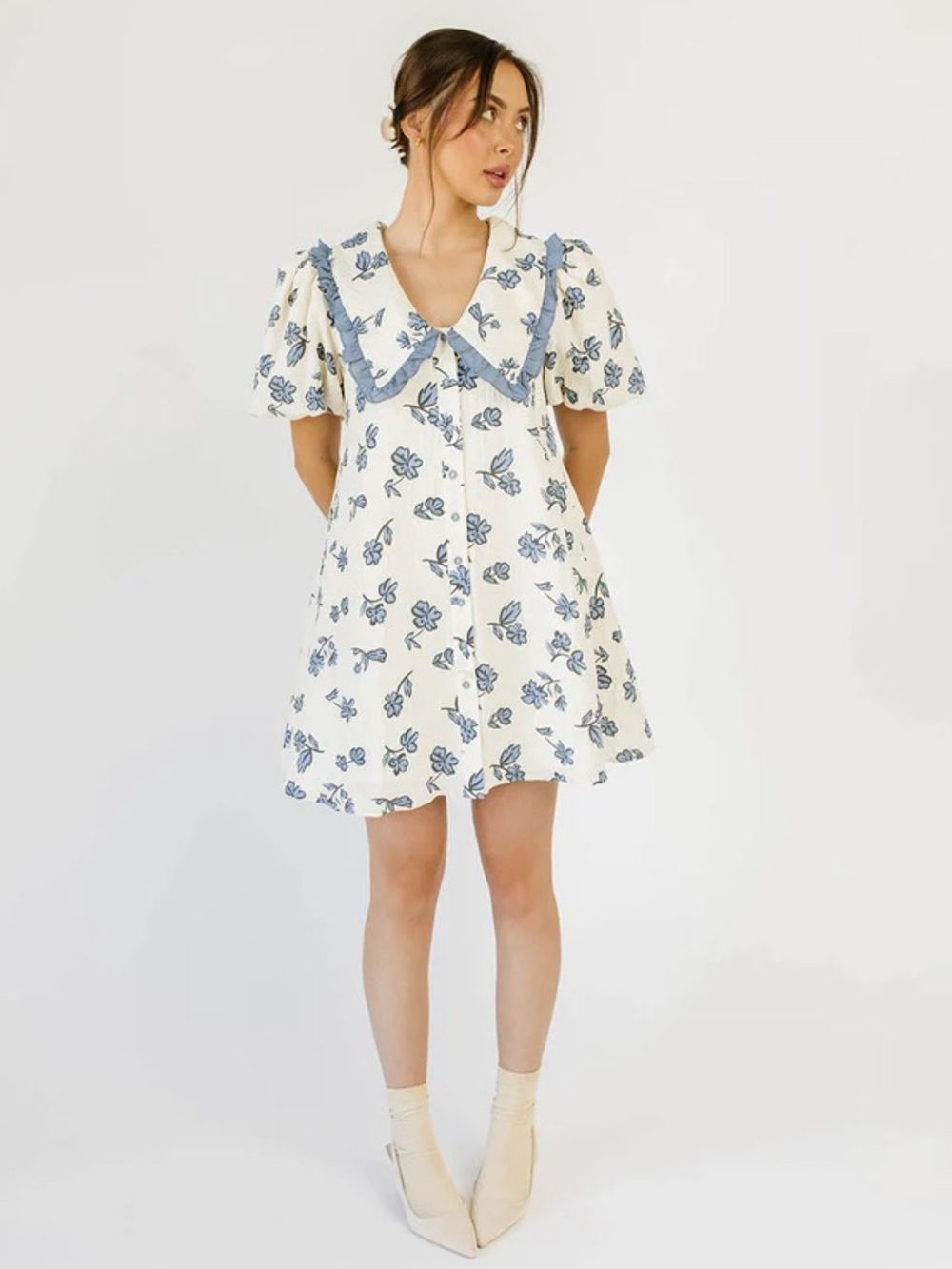 ZOCO Poppy Peter Pan Collar Puff Sleeve Button Front Mini Dress Blue Floral XL